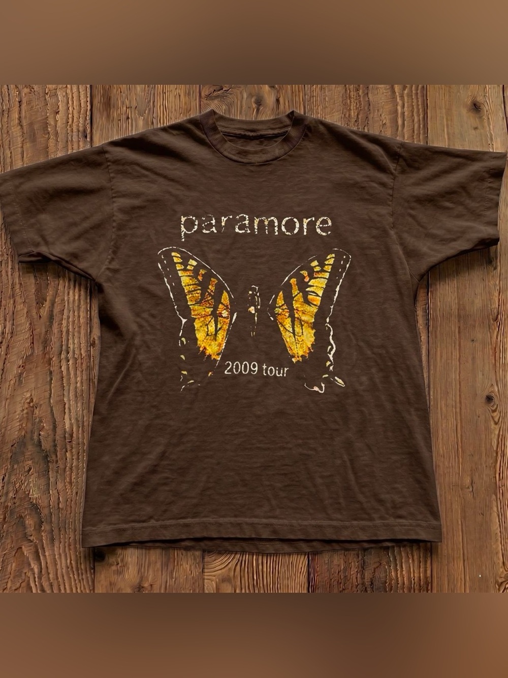 Gildan Brown Tee with Yellow & Orange Butterfly Paramore Graphic Tee